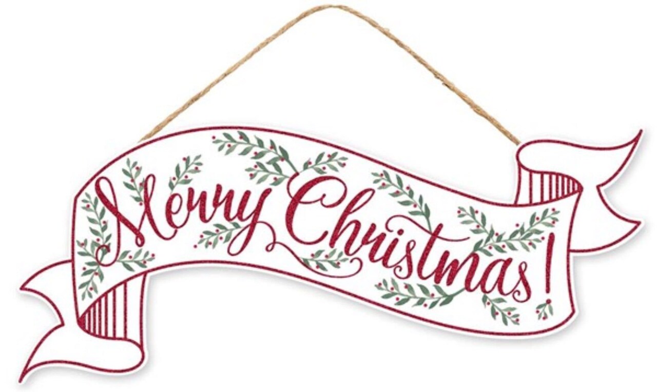 15" Merry Christmas Banner Sign with Glitter - Red, White - For Wreath Accents, Crafts, and Decorations